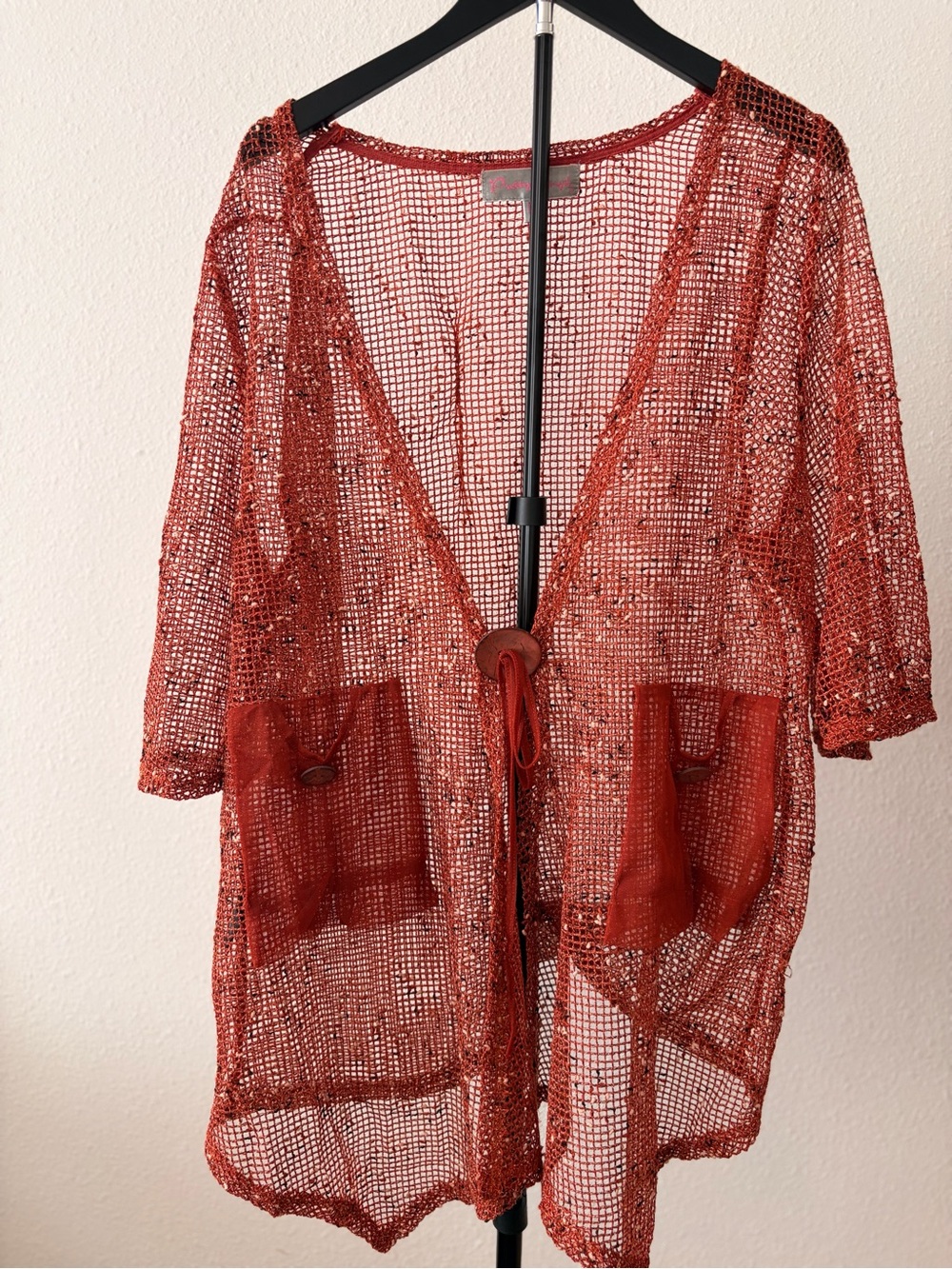 90s Pretty Angel Rust Open-Weave Crochet Cover-Up w/ Pockets and Wood Buttons